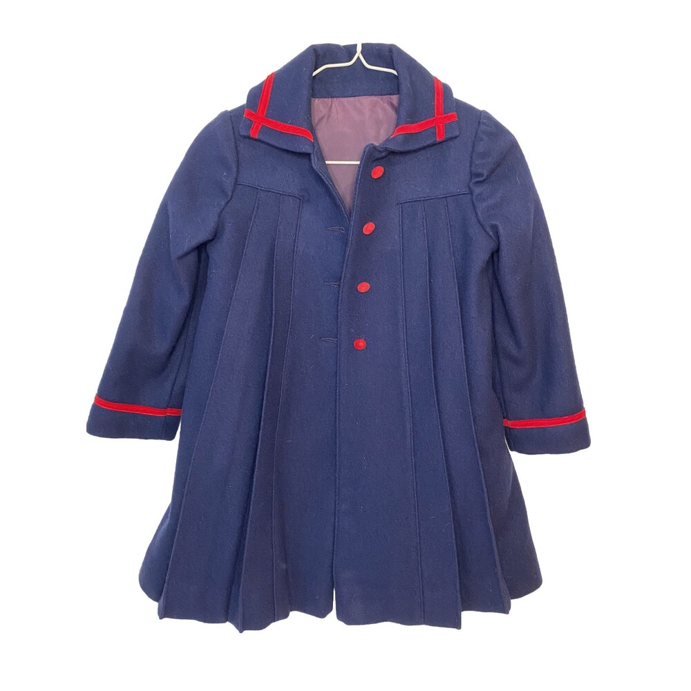 Girls Vintage 6x Rothschild Navy Wool Dress Coat Red Velvet Trim Complete W/ Tie